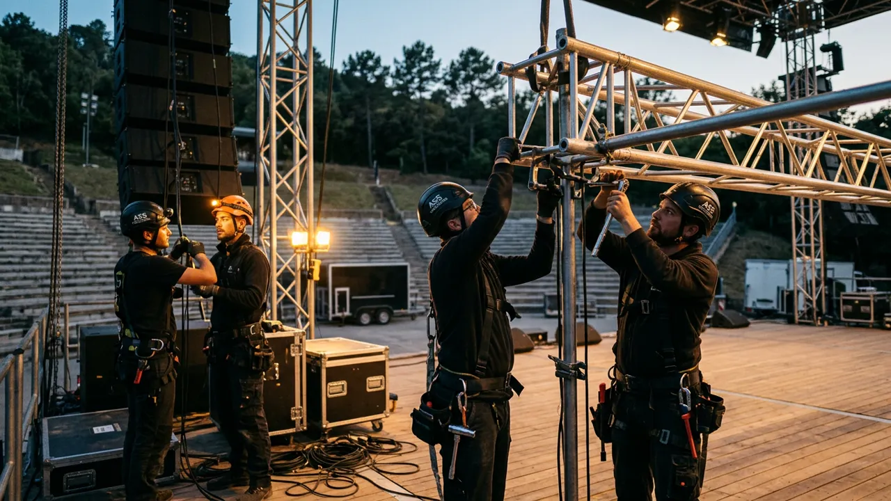 Montage d'une armature scénique pour un spectacle en plein air