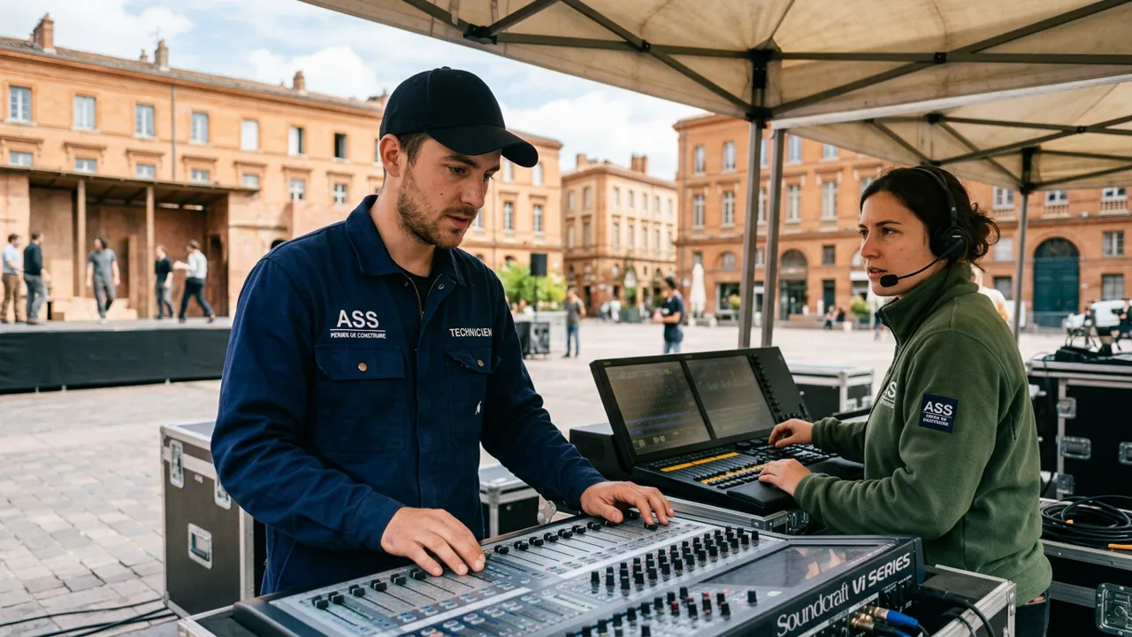 Régisseur sonore bénévole ajustant la console son lors d'une répétition publique
